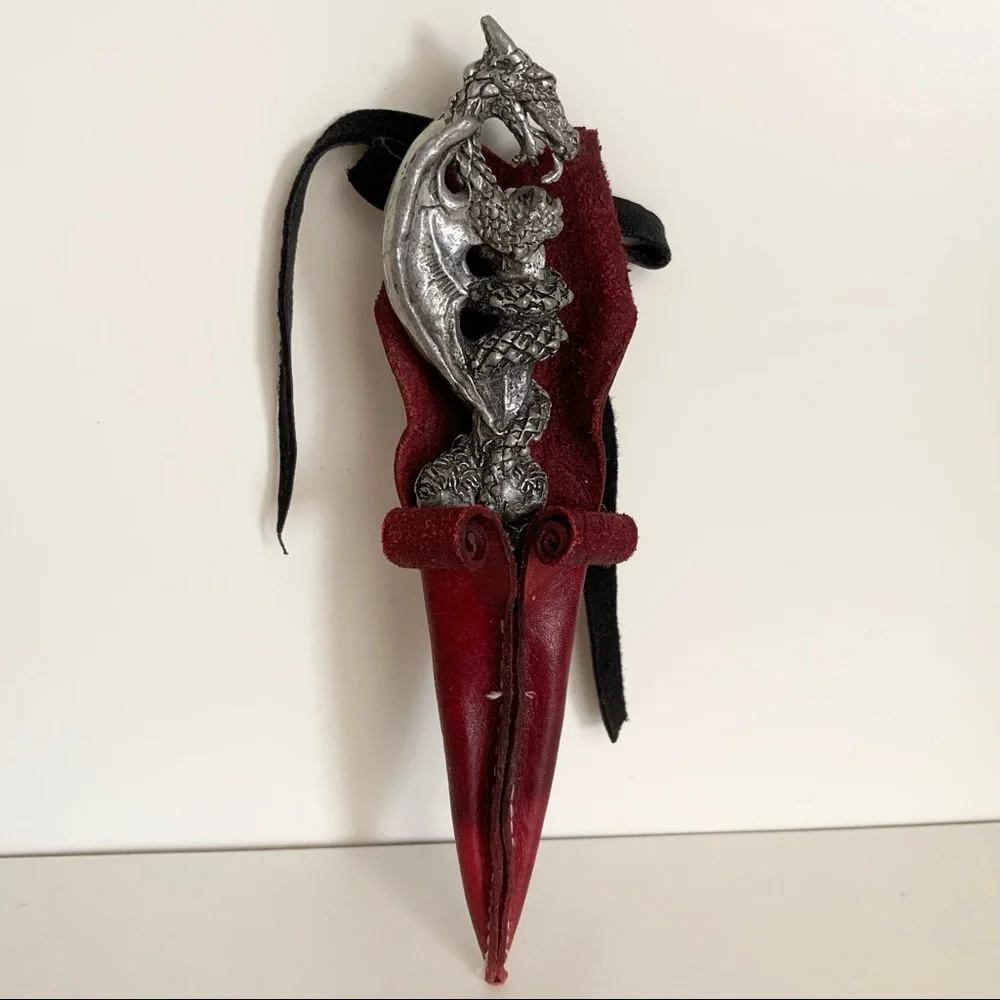 Vintage Medieval dragon letter opener in leather sheath